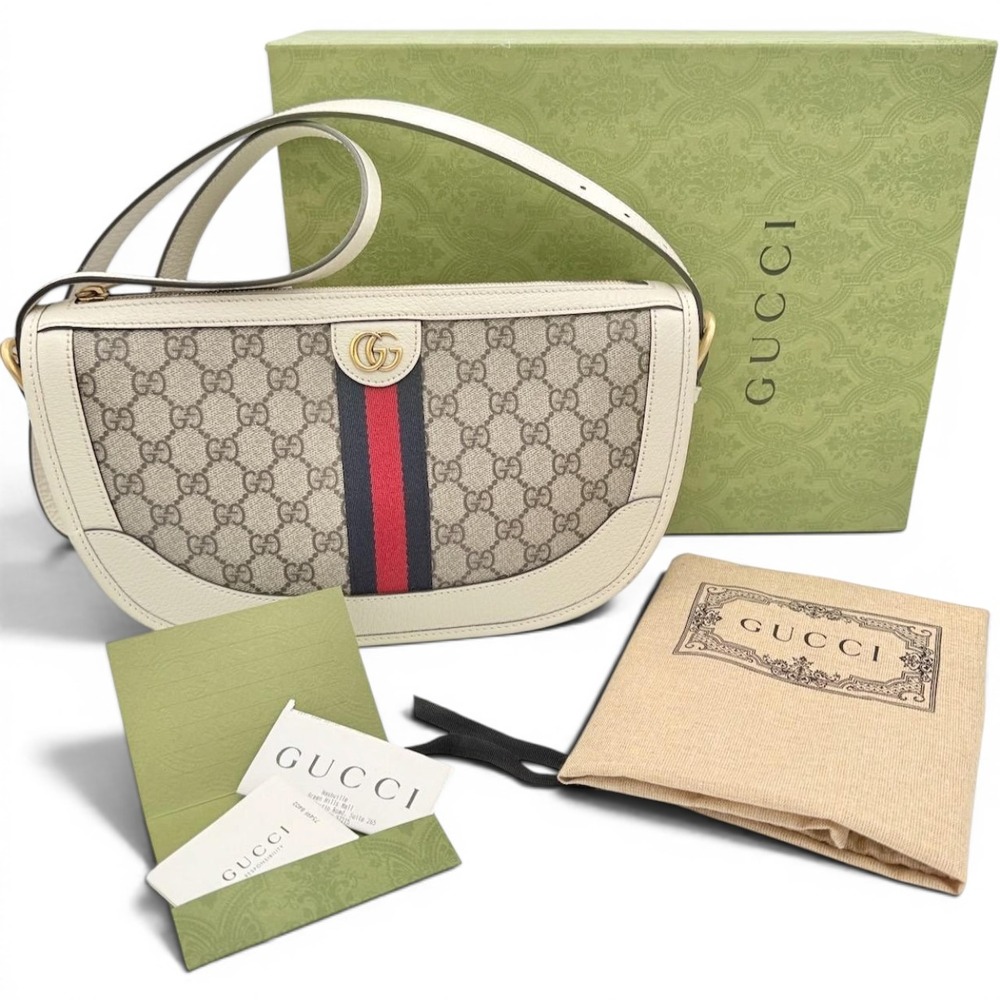 Gucci Womens Ophidia Small Shoulder Bag White GG Supreme Web Half Moon Preowned